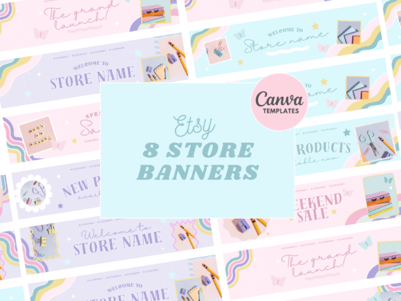 Pastel Etsy banner template with geometric shapes